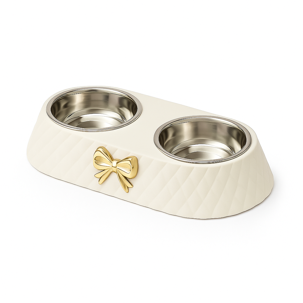 Cute Double Pet Bowl with Bow Design