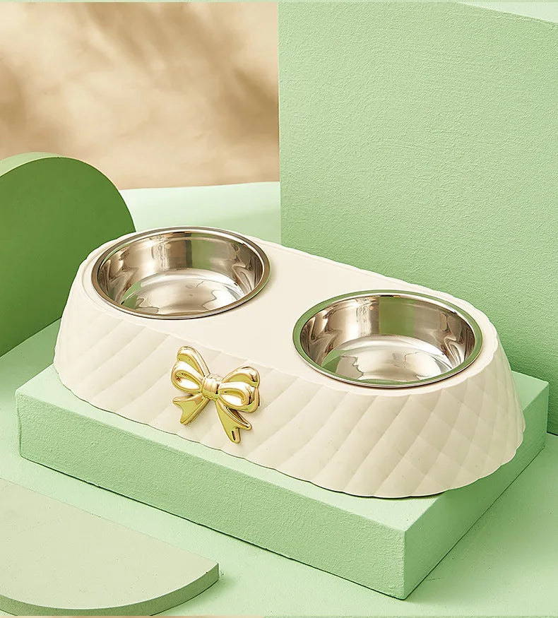 Cute Double Pet Bowl with Bow Design