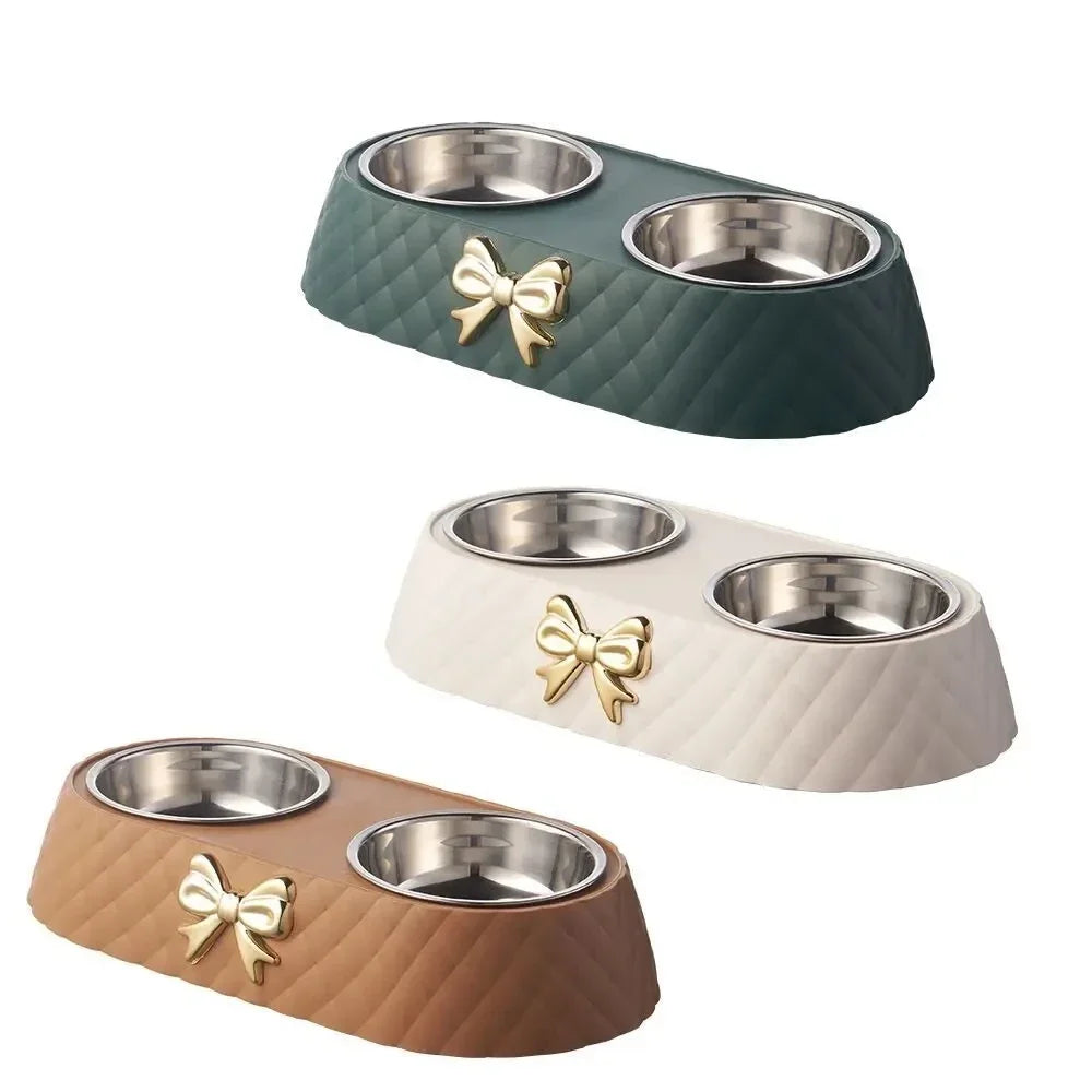 Cute Double Pet Bowl with Bow Design