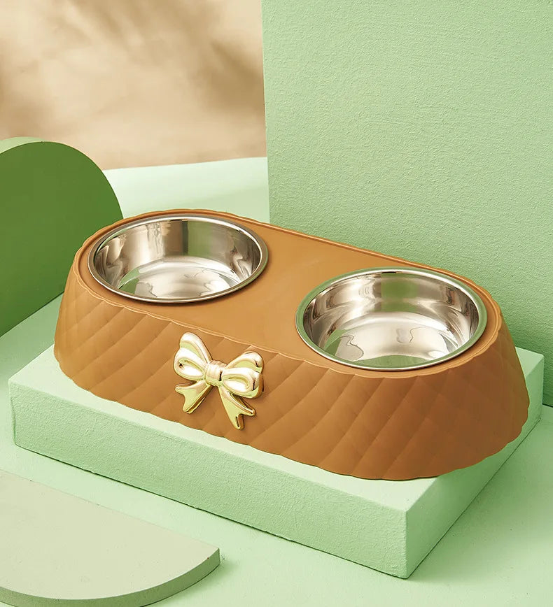 Cute Double Pet Bowl with Bow Design