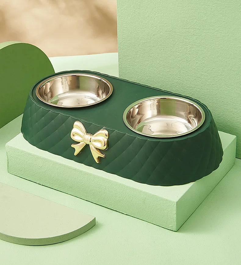 Cute Double Pet Bowl with Bow Design